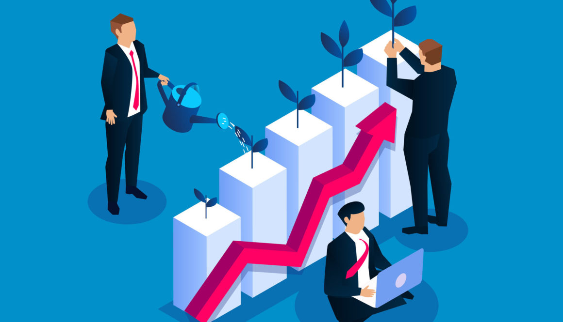 Businessman planting small sapling on watering bar chart, business investment income growth, grow your business