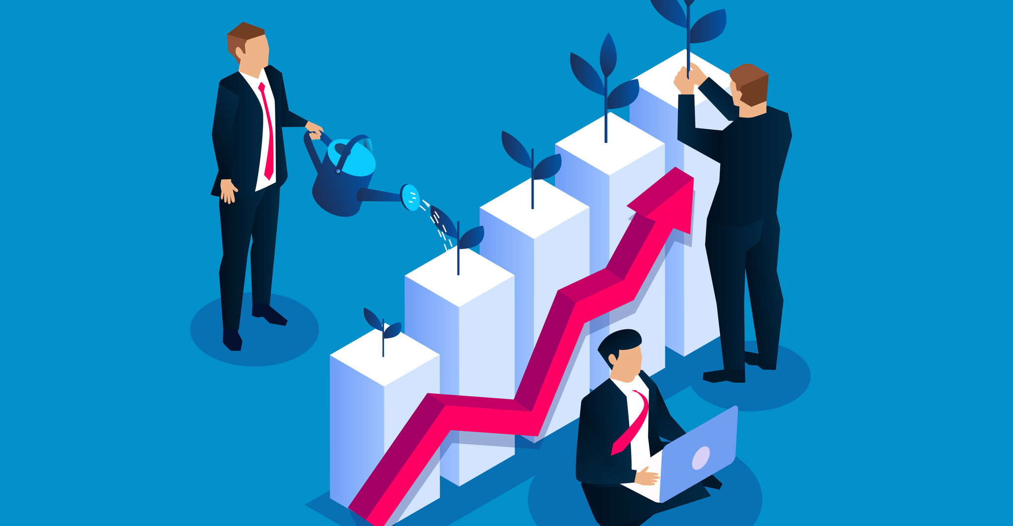 Businessman planting small sapling on watering bar chart, business investment income growth, grow your business